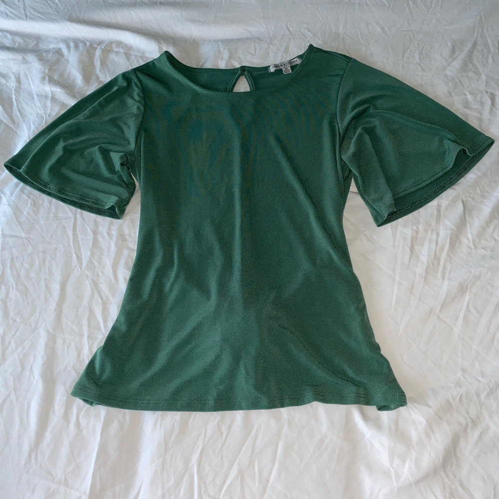 green flutter sleeve top with back tie